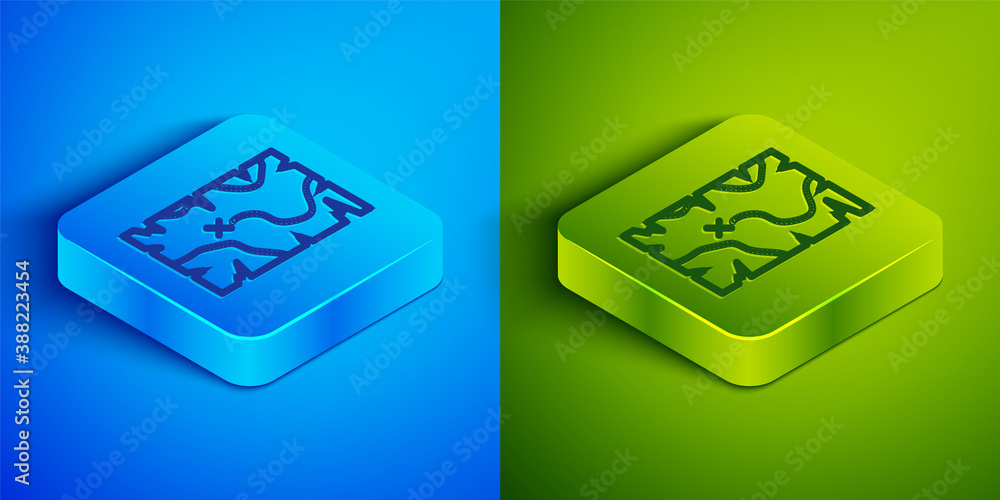 Isometric line Pirate treasure map icon isolated on blue and green background. Square button. Vector. Isometric line Pirate treasure map icon isolated on blue and green background. Square button. Vector.