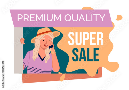 Premium quality super sale banner with beautiful blonde woman in hat talking with mobile phone. Discount poster template. Big sale special offer. End of season special proposition banner flat style