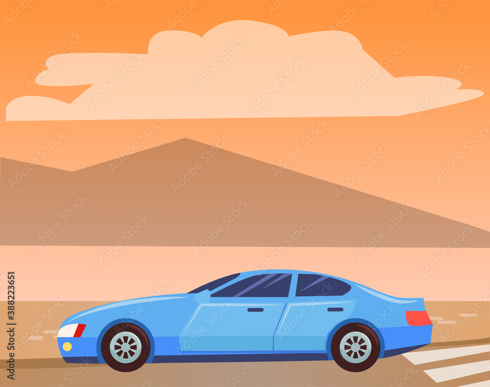 Blue small car, sedan on road. Vehicle rides in countryside. Automobile to drive and get your destination quickly. Mountains on sunset, landscape background. Vector illustration in flat style