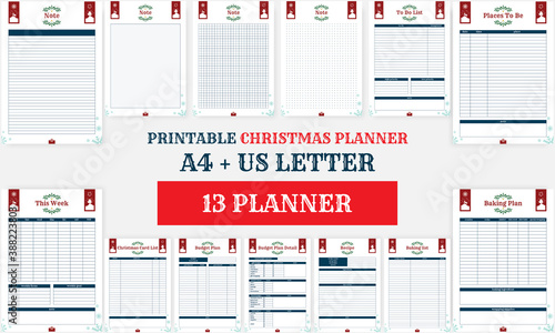 Minimalist Merry Christmas planner pages note, to do list, places to be, week, card list, budget
,food, recipe, baking templates collection set of vector paper A4 and US Letter AI & EPS 10 File photo