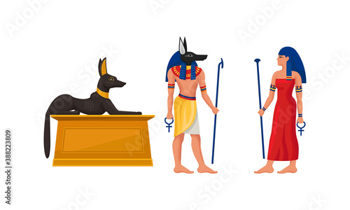 Egypt Attribute with Anubis Deity and Mummy Case Vector Set