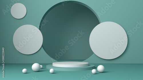 Minimal scene with podium and abstract background. Pastel Green and white colors scene. Trendy 3d render for social media banners  promotion  cosmetic product show. Geometric shapes interior.