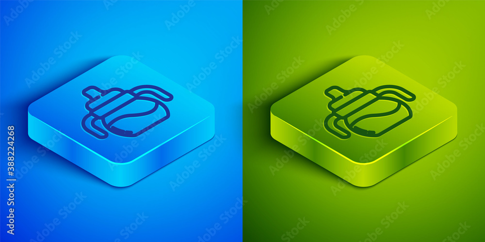 Isometric line Baby bottle icon isolated on blue and green background. Feeding bottle icon. Milk bottle sign. Square button. Vector. Isometric line Baby bottle icon isolated on blue and green background. Feeding bottle icon. Milk bottle sign. Square button. Vector.