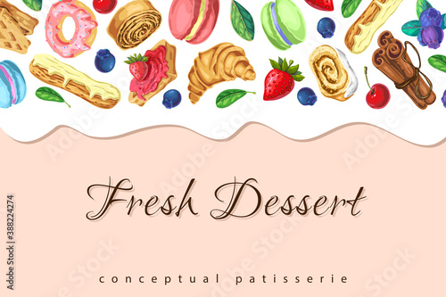 vector background with flowing cream, sweets and dessert on pink. cute bakery pastry banner with berries, dripping yogurt or melted chocolate and place for text. menu, package, business card design.