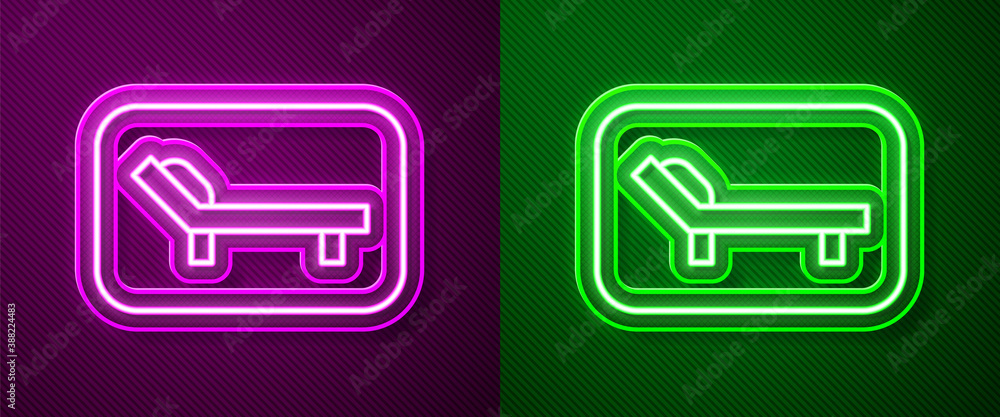 Glowing neon line Sunbed icon isolated on purple and green background. Sun lounger. Vector.