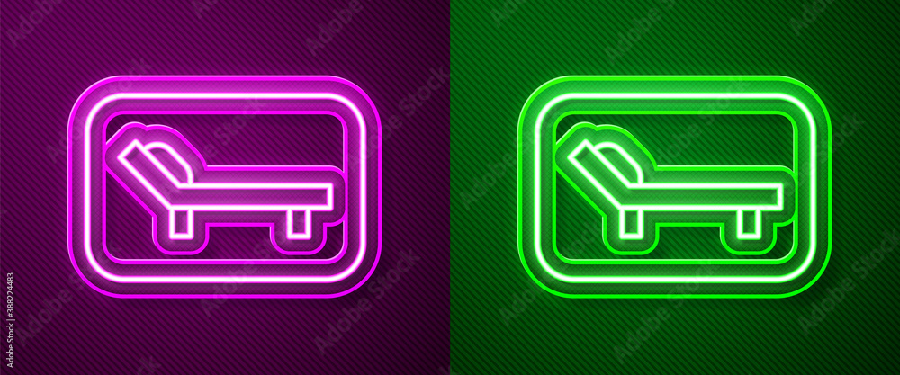 Glowing neon line Sunbed icon isolated on purple and green background. Sun lounger. Vector. Glowing neon line Sunbed icon isolated on purple and green background. Sun lounger. Vector.
