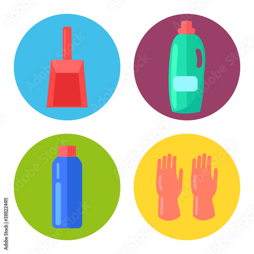 Household chemicals containers plastic bottle pack, cleaning housework liquid domestic fluid cleaner, tools scoop and rubber gloves in a round frames. Objects for cleaning and hand protection