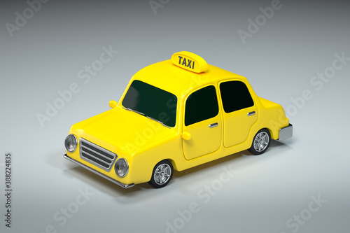 Mini 3D taxi, mini car with yellow color, 3d rendering.