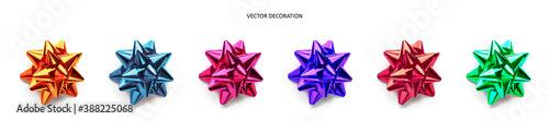 Set of neon bows, pink, blue, violet, green, orange, red color metallic with shadow on isolated white background. Realistic vector decoration for holiday