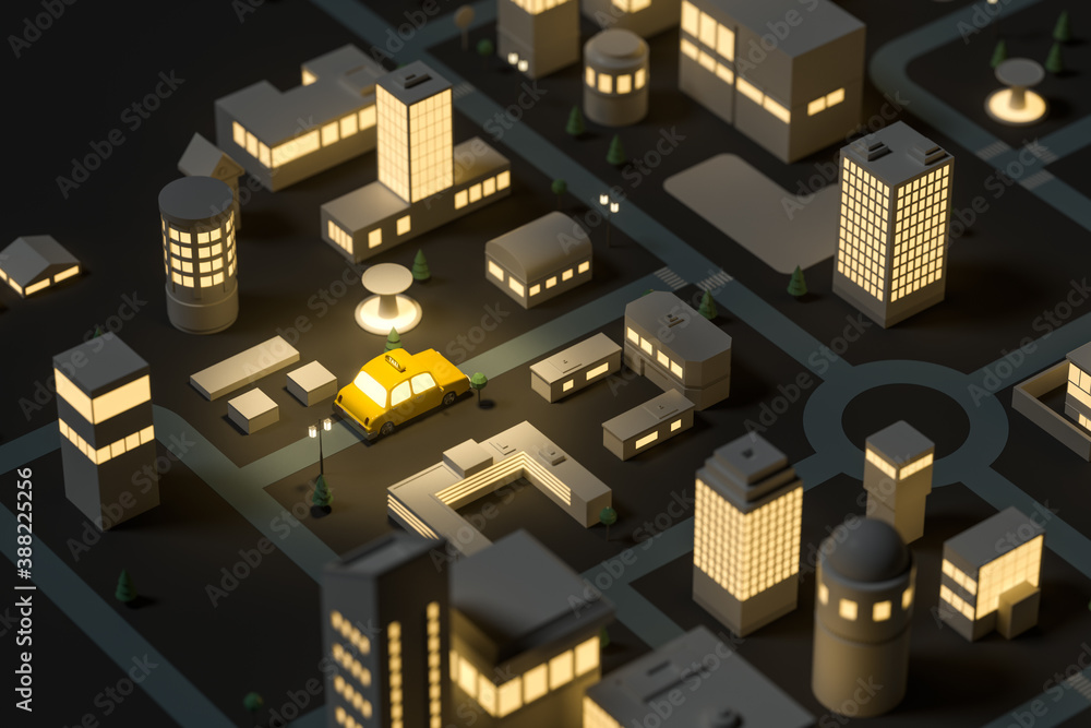 Mini-city with glowing lights, a taxi driving on the street, 3d rendering.