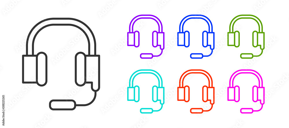 Black line Headphones with microphone icon isolated on white background. Set icons colorful. Vector. Black line Headphones with microphone icon isolated on white background. Set icons colorful. Vector.