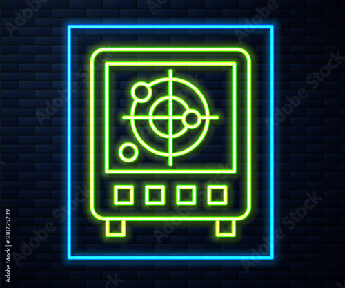 Glowing neon line Radar with targets on monitor in searching icon isolated on brick wall background. Search system. Navy sonar. Vector.