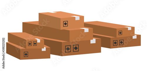 Carton square box, delivery and packaging of goods for comfortable transportation. Shipping cardboard box and icons of fragility and recycling vector illustration. Paper container for storage