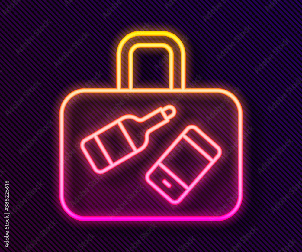 Glowing neon line Suitcase for travel icon isolated on black background. Traveling baggage sign. Travel luggage icon. Vector. Glowing neon line Suitcase for travel icon isolated on black background. Traveling baggage sign. Travel luggage icon. Vector.