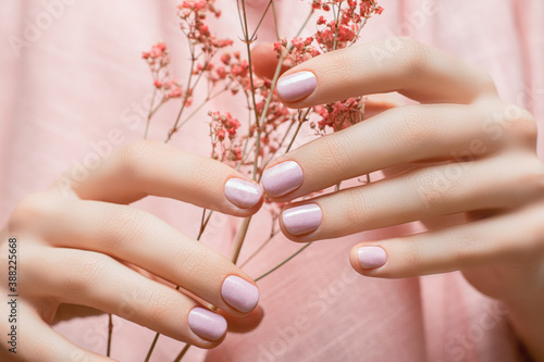 Fototapeta Female hands with pink nail design