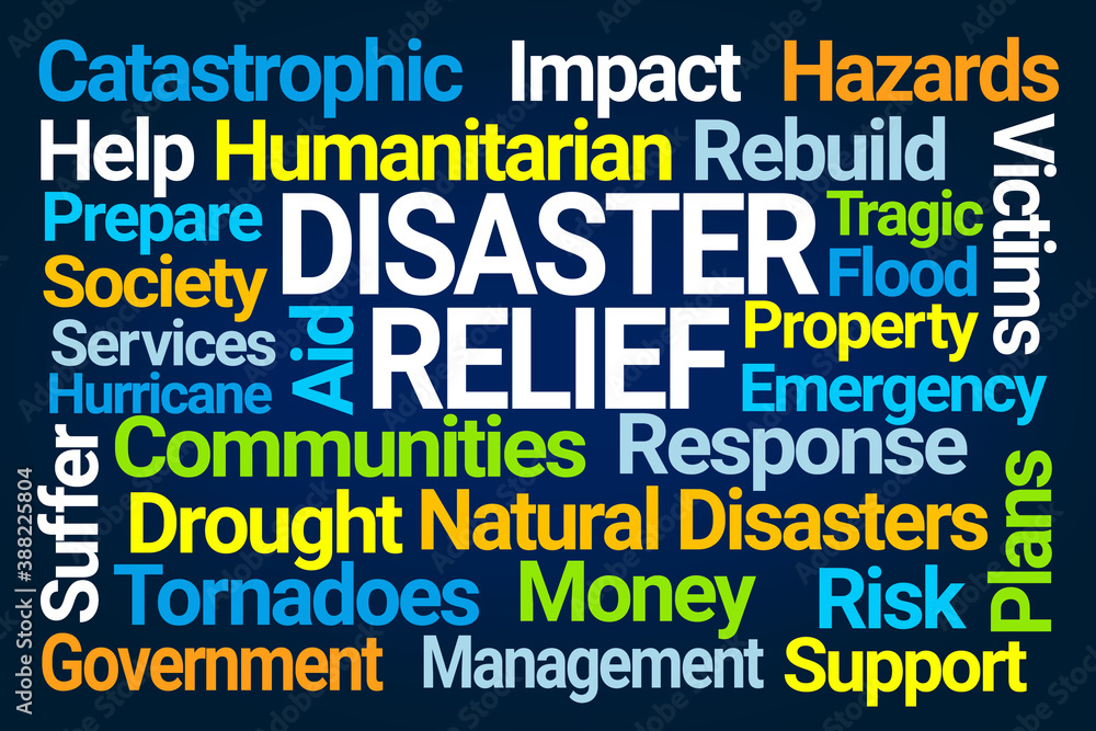 Disaster Relief Word Cloud on Blue Background