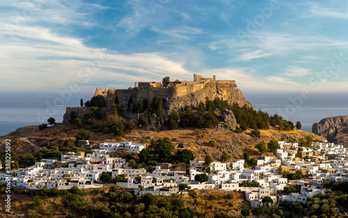 panoramic view of Lindos - village, fortress and Acropolis, Rhodes, Greece