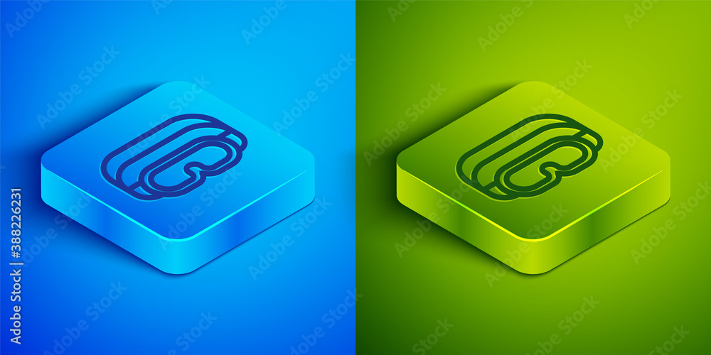Isometric line Ski goggles icon isolated on blue and green background. Extreme sport. Sport equipment. Square button. Vector. Isometric line Ski goggles icon isolated on blue and green background. Extreme sport. Sport equipment. Square button. Vector.