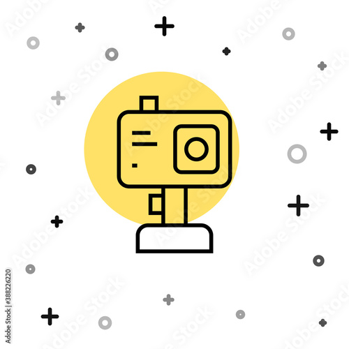 Black line Action extreme camera icon isolated on white background. Video camera equipment for filming extreme sports. Random dynamic shapes. Vector.