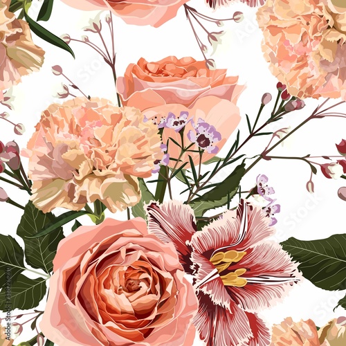 Floral Seamless Pattern with tulips, creamy roses, carnation flower, spring flowers and leaves. Blooming Flowers on white Background.	