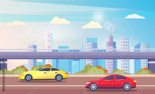 Urban landscape with highway and car on roads. Skyline of modern city. Skyline with skyscrapers and bridge construction. Townscape with automobiles. Street by architecture. Vector in flat style