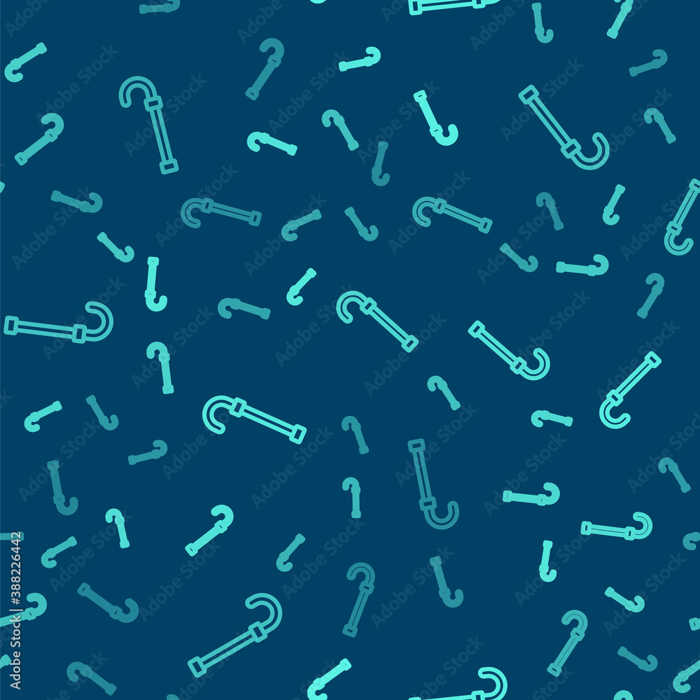 Green line Walking stick cane icon isolated seamless pattern on blue background. Vector. Green line Walking stick cane icon isolated seamless pattern on blue background. Vector.
