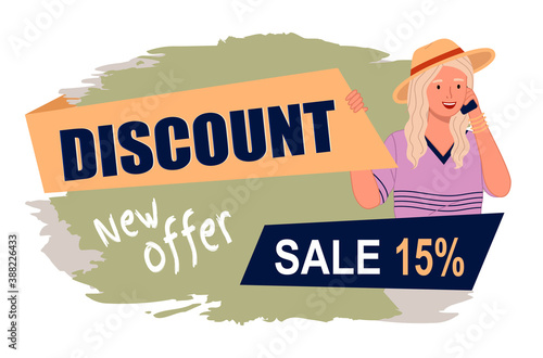 Sale banner with beautiful blonde woman in hat talking on the mobile phone. Discount poster template. Big sale special offer. End of season special proposition banner vector illustration flat style