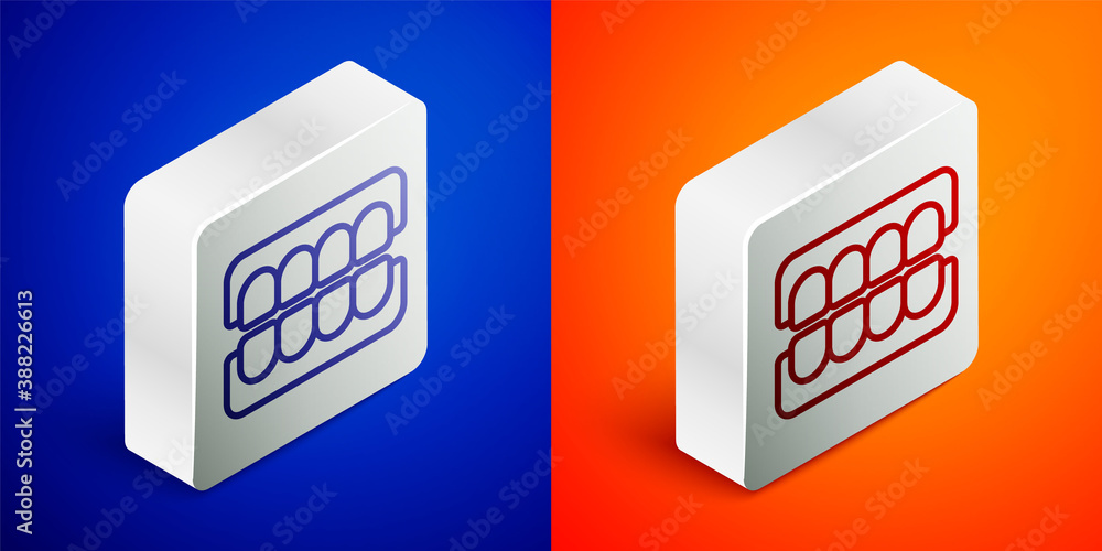 Isometric line False jaw icon isolated on blue and orange background. Dental jaw or dentures, false teeth with incisors. Silver square button. Vector. Isometric line False jaw icon isolated on blue and orange background. Dental jaw or dentures, false teeth with incisors. Silver square button. Vector.