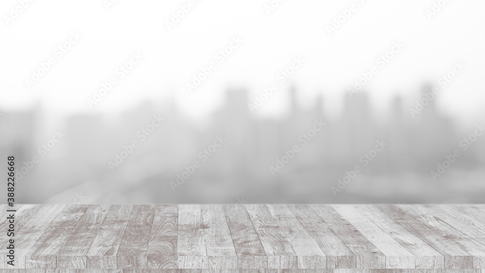 White wooden table forground with blur city building outdoors background for advertising montage. White wooden table forground with blur city building outdoors background for advertising montage.