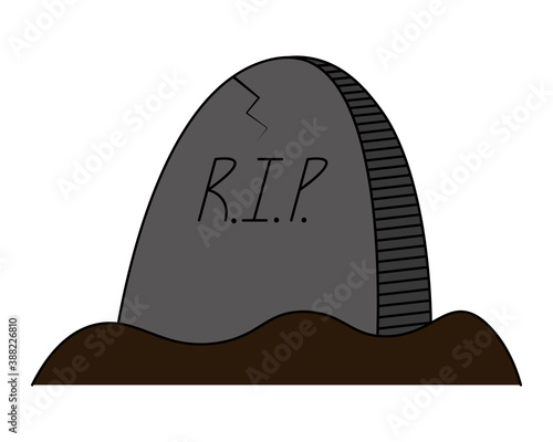 Headstone. Crack on the slab. Colored vector illustration. Halloween symbol. Isolated white background. Gloomy grave in the cemetery. Inscription - Rest in Peace. Monument made of granite. 