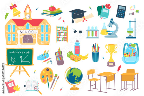 School and education objects isolated on white vector flat illustration. School supplies and accessories. Pencil, pen, desk, students notebook.