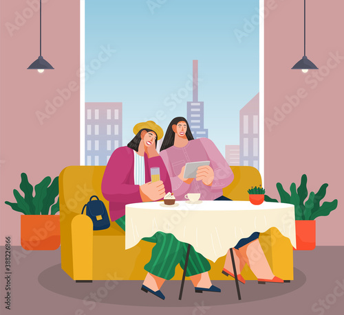 Girls friends taking selfie photo on smartphone, serfing internet while sitting in cafe or restaurant. Young woman girlfriends making video for social media using modern gadget vector illustration