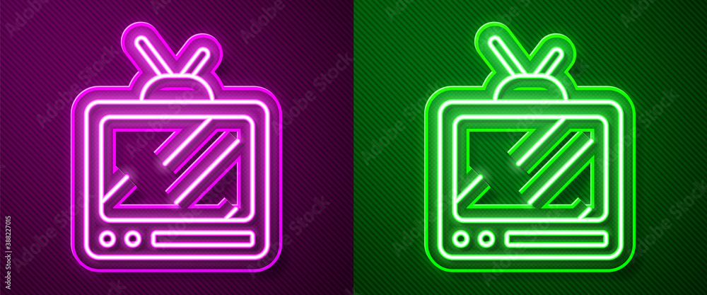 Glowing neon line Retro tv icon isolated on purple and green background. Television sign. Vector.