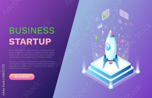 Business startup vector, spaceship rocket launching, pedestal with spacecraft and dollar money currency, infographics and info arrows set. Website or webpage template, landing page flat style