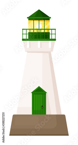 Lighthouse with wooden doorway entrance isolated on white