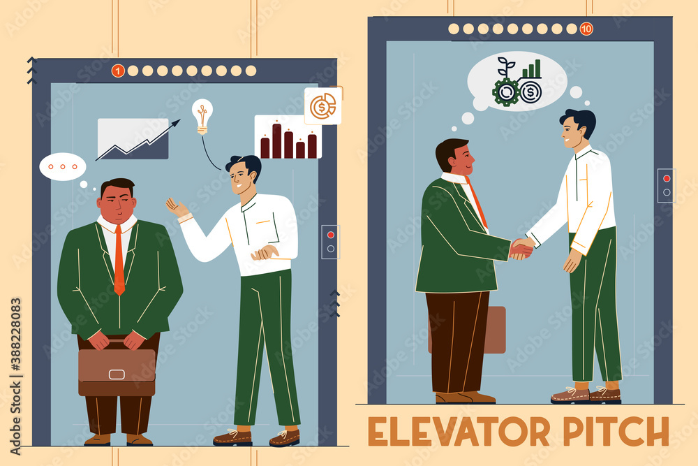 Vector illustration of an elevator pitch, a short description of an idea,  product, or company Stock-Vektorgrafik | Adobe Stock