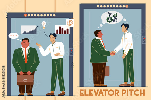 Vector illustration of an elevator pitch, a short description of an idea, product, or company