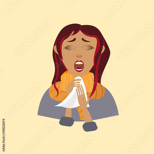 A sneezing, sick person. Cold, flu, viral illness, allergies. Vector illustration