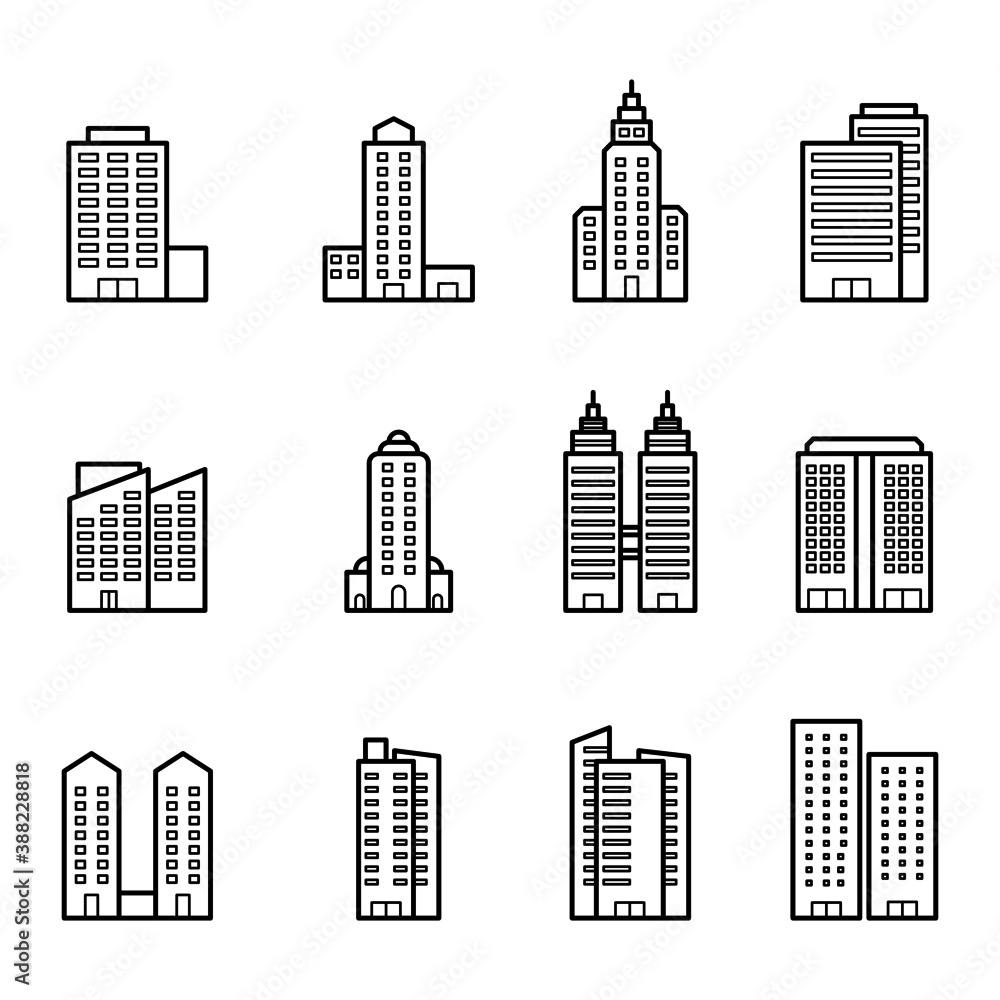 Set of building outline, Vector illustration.