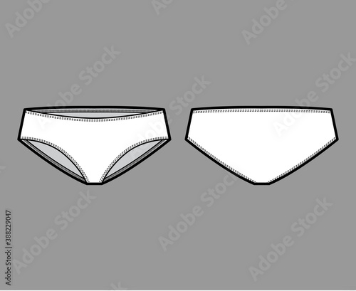 Hipsters panties underwear technical fashion illustration with low waist rise, full hips coverage. Flat briefs shorts lingerie template front, back, white color style. Women men unisex CAD mockup