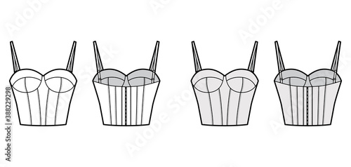Bra longline lingerie technical fashion illustration with adjustable shoulder straps, molded cup, hook-and-eye closure. Flat template front, back white color style. Women unisex underwear CAD mockup