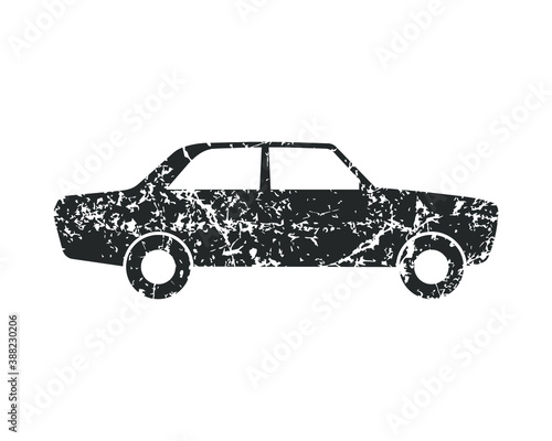 Car vector icon with grunge texture. Big old sedan automobile. Side profile transport and traffic logo. Cartoon style clip-art image. Retro vintage auto vehicle symbol sign. Black silhouette.