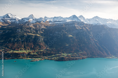 view over Lake Brienz on a beautiful autumn day with Eiger Mönch and Jungfrau