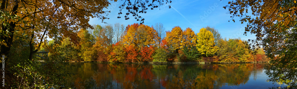 Bunte Herbstbäume am Flußufer, Bayern, Deutschland, Europa, Panorama