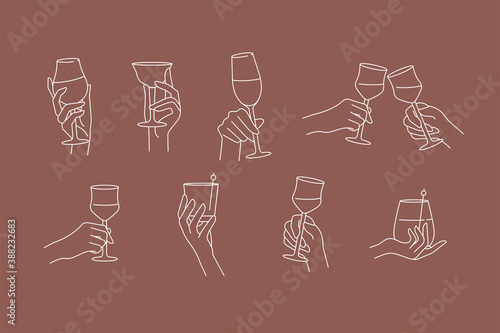 Vector design linear template signs or emblems - hands in different gestures glass of drink
