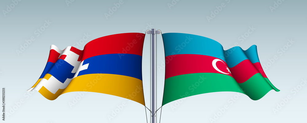 Nagorno-Karabakh and Azerbaijan flags state symbols isolated on background national banner. war for independence of Artsakh Nagorno-Karabakh, Azerbaijan. Illustration banner with realistic state flag. Nagorno-Karabakh and Azerbaijan flags state symbols isolated on background national banner. war for independence of Artsakh Nagorno-Karabakh, Azerbaijan. Illustration banner with realistic state flag.