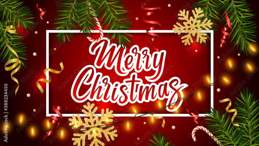 Red background with realistic pine branches, luminous garlands, candy, serpentine, glitter gold snowflake, lettering Merry Christmas. Christmas and New Year greeting card, poster, postcard, banner Red background with realistic pine branches, luminous garlands, candy, serpentine, glitter gold snowflake, lettering Merry Christmas. Christmas and New Year greeting card, poster, postcard, banner