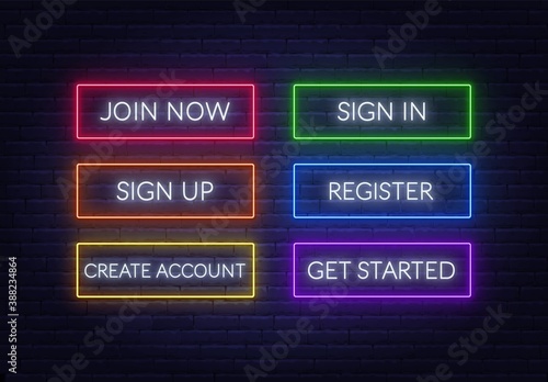Join now, Sign in, Sign up, Register, Create account, Get started neon sign on a brick background. Multicolored glowing buttons. Vector illustration.