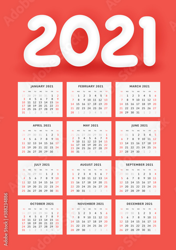 Wall Calendar Template for 2021. Classic style with white 3d number 2021 on red. Week starts on Sunday