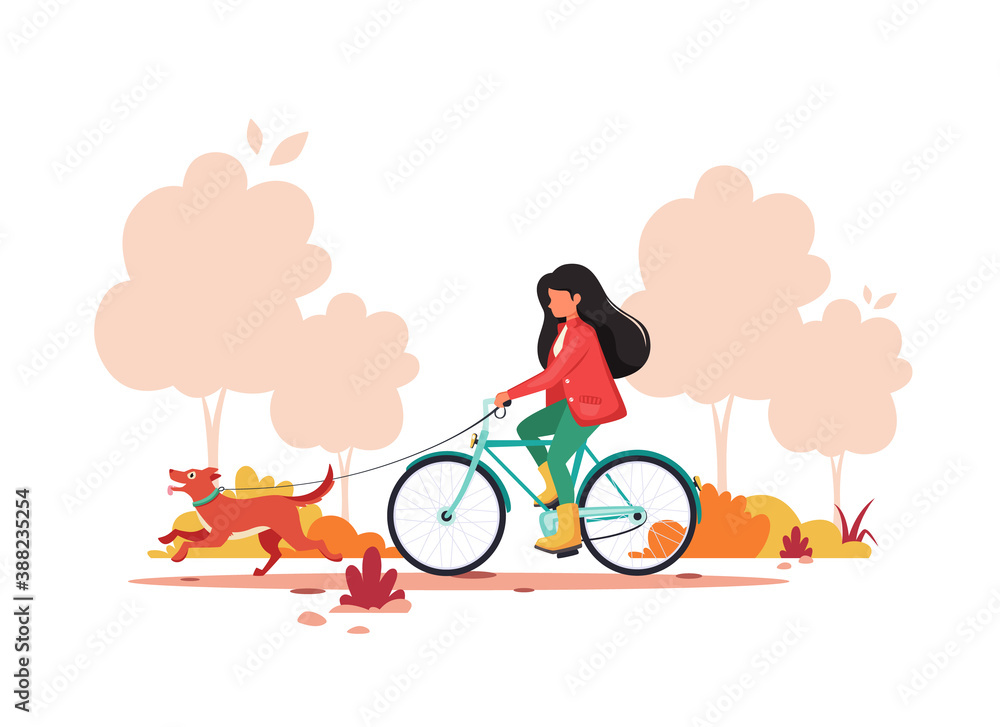 Woman riding bike with dog in autumn park. Healthy lifestyle,  outdoor activity concept. Vector illustration.